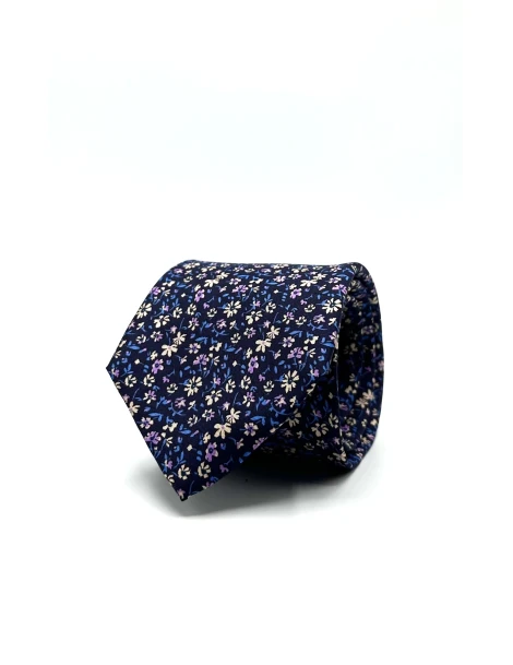 Cravatta in seta twill blu fiorellini